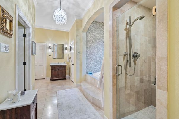 Bathroom, Chandelier, Glass Shower, Interior