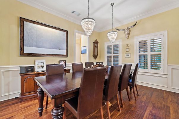 Chandelier, Dining room, Interior, Wood Texture Flooring