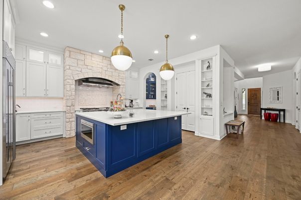 Interior, Kitchen, Pendant Lights, Recessed Lighting, Stainless Steel Appliances, Stone Walls, Wood Texture Flooring