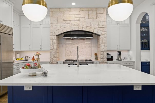 Interior, Kitchen, Recessed Lighting, Stainless Steel Appliances, Stone Walls