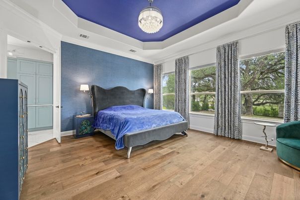 Bedroom, Chandelier, Interior, Wood Texture Flooring