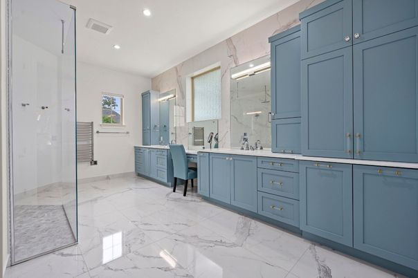 Bathroom, Dual Sink Vanities, Glass Shower, Interior, Marble, Recessed Lighting
