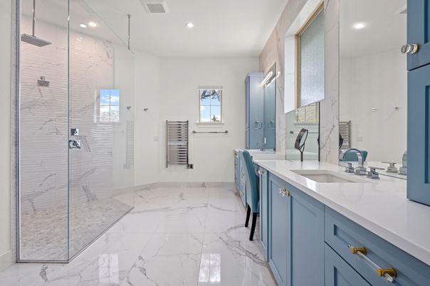 Bathroom, Glass Shower, Interior, Marble, Recessed Lighting