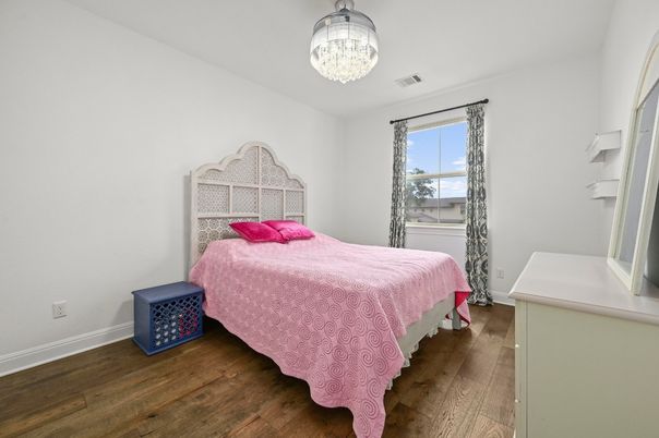 Bedroom, Chandelier, Interior, Wood Texture Flooring