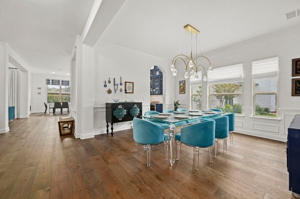 Dining room, Interior, Pendant Lights, Recessed Lighting, Wood Texture Flooring