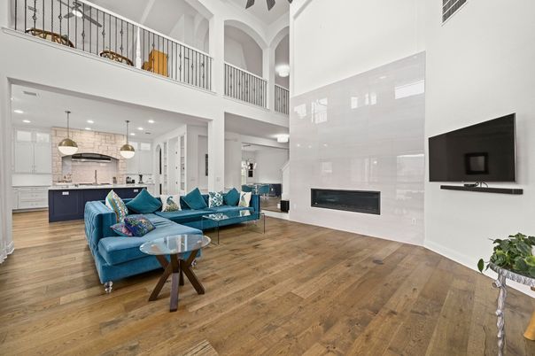 Fireplace, Interior, Kitchen, Living room, Pendant Lights, Recessed Lighting, Wood Texture Flooring