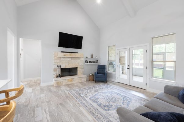 Fireplace, Interior, Living room, Recessed Lighting, Wood Texture Flooring