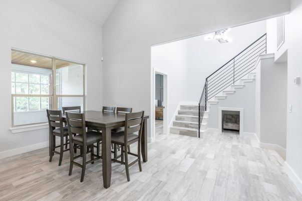 Dining room, Interior, Recessed Lighting, Wood Texture Flooring