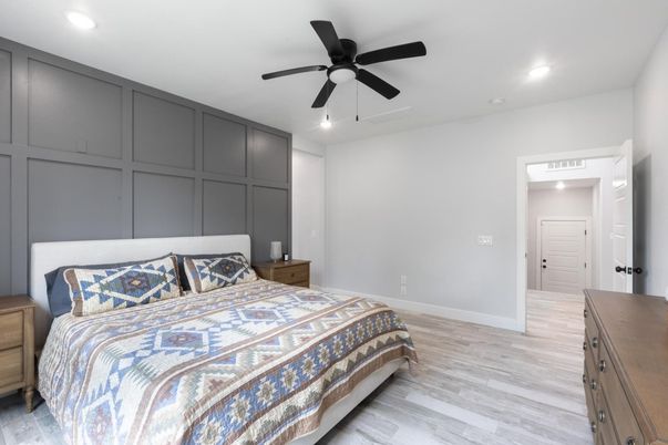 Bedroom, Interior, Recessed Lighting, Wood Texture Flooring