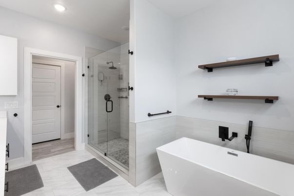 Bathroom, Free Standing Baths, Glass Shower, Interior, Marble, Recessed Lighting