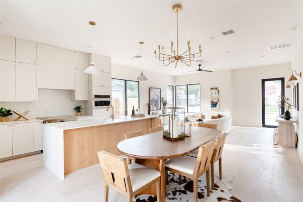 Dining room, Interior, Kitchen, Pendant Lights, Recessed Lighting, Wood Texture Flooring