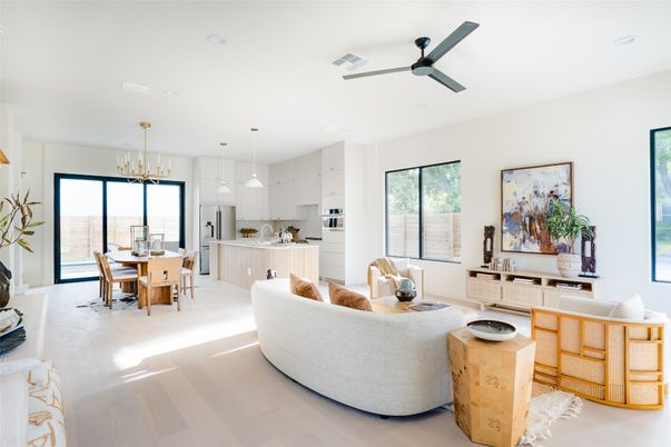 Chandelier, Dining room, Interior, Kitchen, Living room, Pendant Lights, Recessed Lighting, Wood Texture Flooring