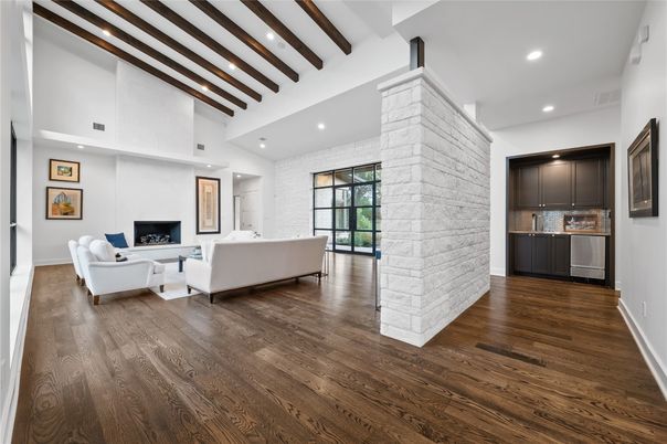 Fireplace, Interior, Living room, Recessed Lighting, Stone Walls, Wooden Beams, Wood Texture Flooring