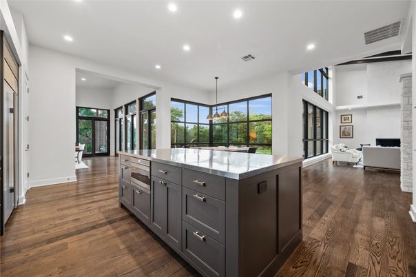 Interior, Kitchen, Living room, Pendant Lights, Recessed Lighting, Wood Texture Flooring