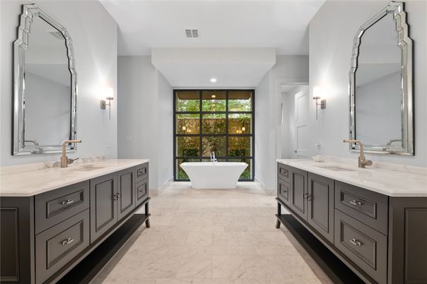 Bathroom, Dual Sink Vanities, Free Standing Baths, Interior, Marble, Recessed Lighting