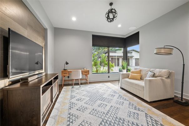 Home Office, Interior, Pendant Lights, Recessed Lighting, Wood Texture Flooring
