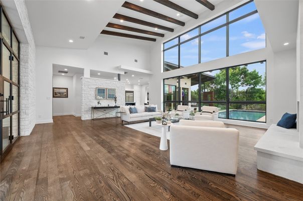 Fireplace, Interior, Living room, Recessed Lighting, Stone Walls, Wooden Beams, Wood Texture Flooring