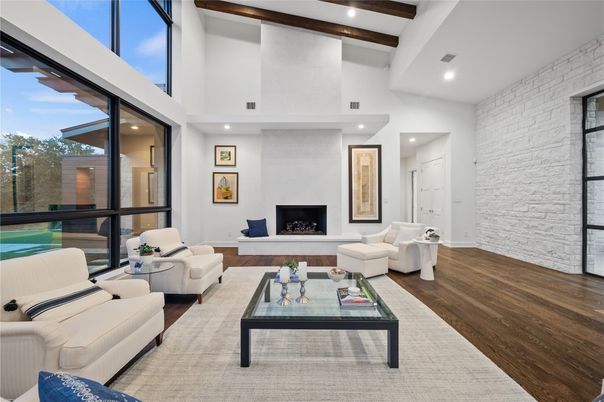 Fireplace, Interior, Living room, Recessed Lighting, Stone Walls, Wooden Beams, Wood Texture Flooring