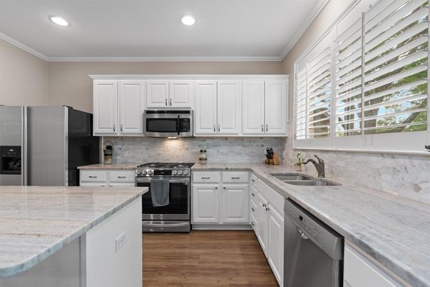 Interior, Kitchen, Recessed Lighting, Stainless Steel Appliances, Wood Texture Flooring