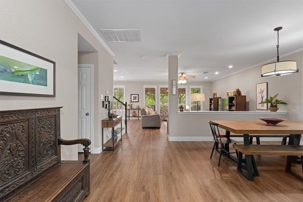 Dining room, Interior, Living room, Pendant Lights, Recessed Lighting, Wood Texture Flooring