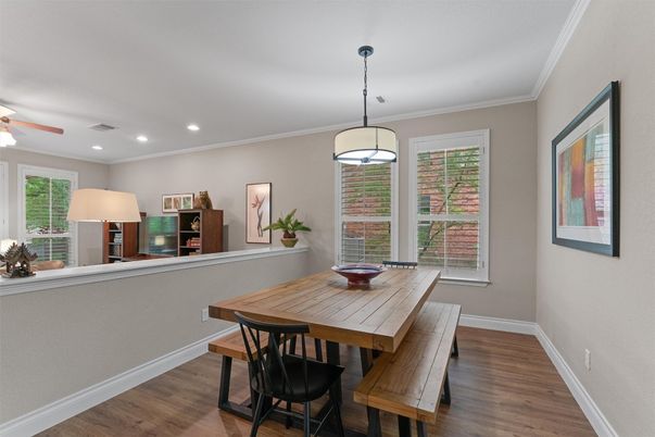 Dining room, Interior, Pendant Lights, Recessed Lighting, Wood Texture Flooring