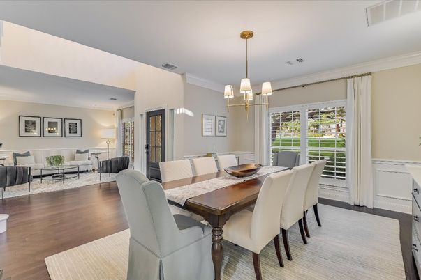 Dining room, Interior, Living room, Pendant Lights, Wood Texture Flooring