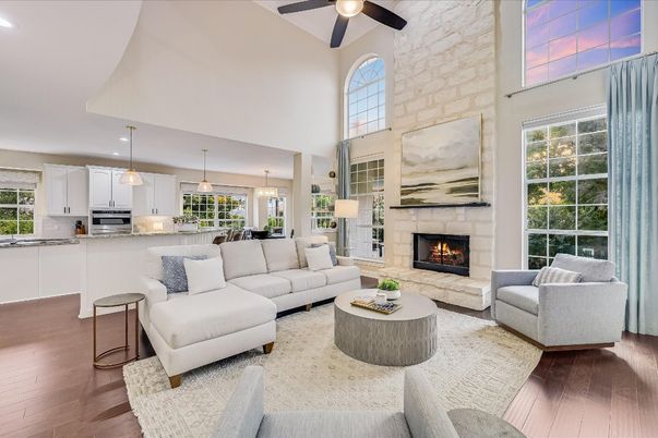 Dining room, Fireplace, Interior, Kitchen, Living room, Pendant Lights, Recessed Lighting, Stainless Steel Appliances, Stone Walls, Wood Texture Flooring