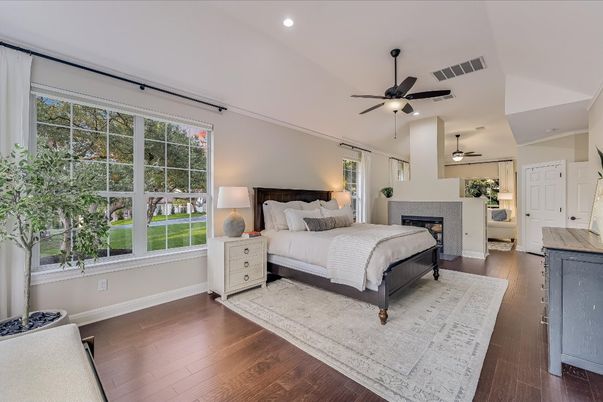 Bedroom, Fireplace, Interior, Recessed Lighting, Wood Texture Flooring