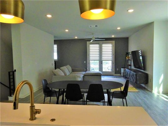 Dining room, Interior, Living room, Recessed Lighting, Wood Texture Flooring