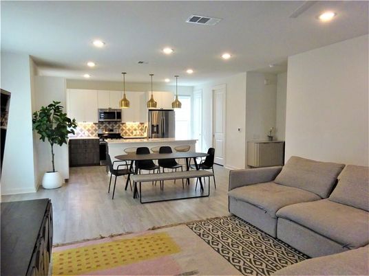 Dining room, Interior, Kitchen, Living room, Pendant Lights, Recessed Lighting, Stainless Steel Appliances, Wood Texture Flooring