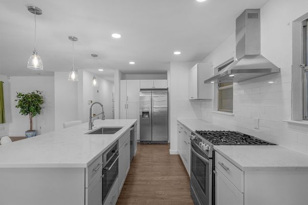 Interior, Kitchen, Pendant Lights, Recessed Lighting, Stainless Steel Appliances, Wood Texture Flooring