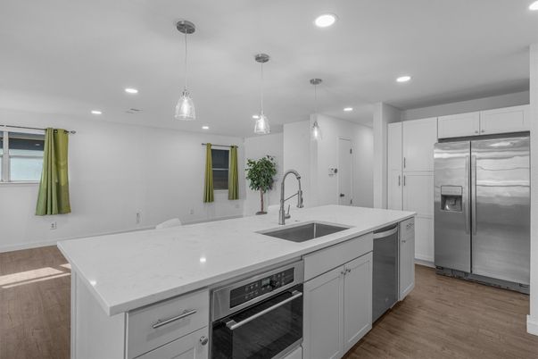 Interior, Kitchen, Pendant Lights, Recessed Lighting, Stainless Steel Appliances, Wood Texture Flooring