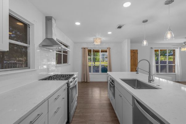 Interior, Kitchen, Pendant Lights, Recessed Lighting, Stainless Steel Appliances, Wood Texture Flooring