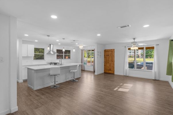 Interior, Kitchen, Pendant Lights, Recessed Lighting, Wood Texture Flooring