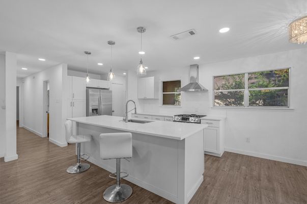 Interior, Kitchen, Pendant Lights, Recessed Lighting, Stainless Steel Appliances, Wood Texture Flooring