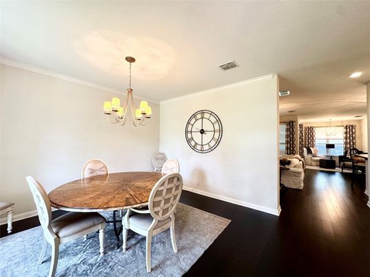 Chandelier, Dining room, Interior, Recessed Lighting, Wood Texture Flooring