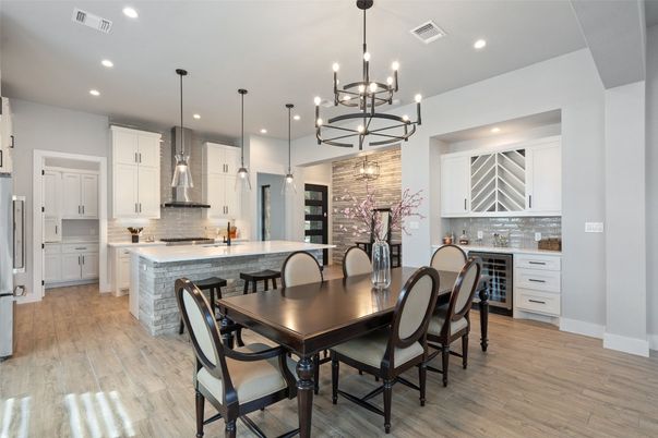 Dining room, Interior, Kitchen, Pendant Lights, Recessed Lighting, Wood Texture Flooring
