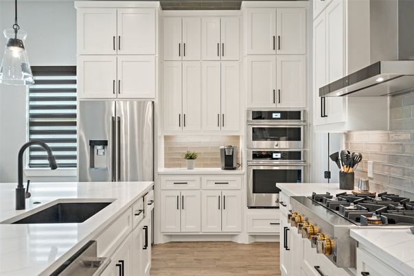Interior, Kitchen, Pendant Lights, Stainless Steel Appliances, Wood Texture Flooring