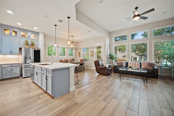 Dining room, Interior, Kitchen, Living room, Pendant Lights, Recessed Lighting, Wood Texture Flooring