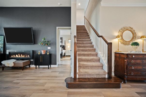Fireplace, Interior, Recessed Lighting, Wood Texture Flooring