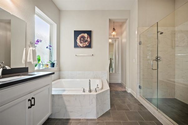 Bathroom, Glass Shower, Interior, Marble Walls, Pendant Lights