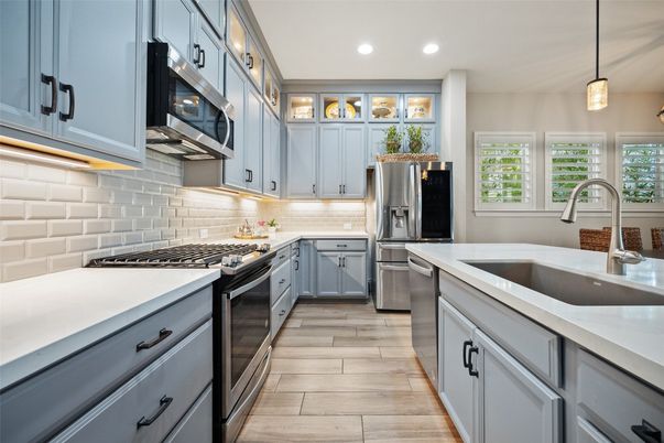 Interior, Kitchen, Pendant Lights, Recessed Lighting, Stainless Steel Appliances, Wood Texture Flooring