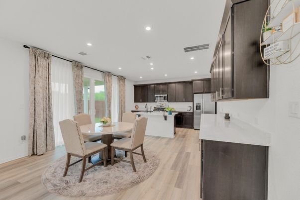 Dining room, Interior, Kitchen, Recessed Lighting, Wood Texture Flooring