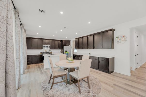 Dining room, Interior, Kitchen, Recessed Lighting, Wood Texture Flooring