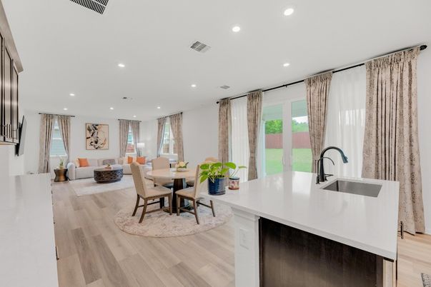 Dining room, Interior, Kitchen, Living room, Recessed Lighting, Wood Texture Flooring