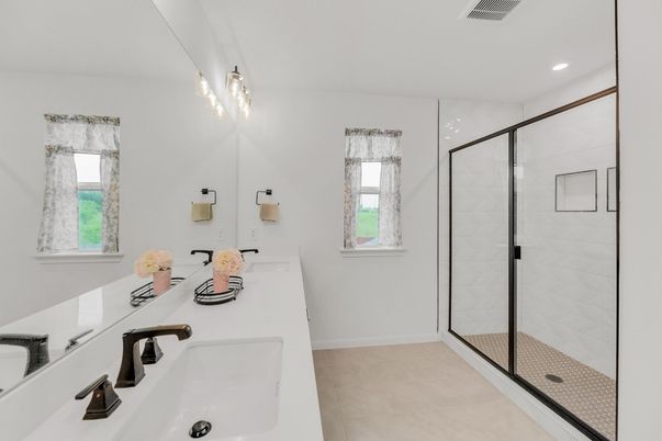 Bathroom, Dual Sink Vanities, Glass Shower, Interior, Recessed Lighting