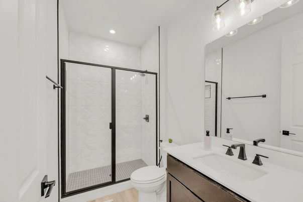Bathroom, Glass Shower, Interior, Recessed Lighting, Wood Texture Flooring