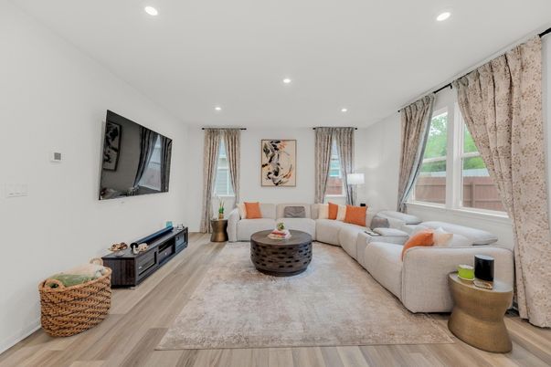 Interior, Living room, Recessed Lighting, Wood Texture Flooring