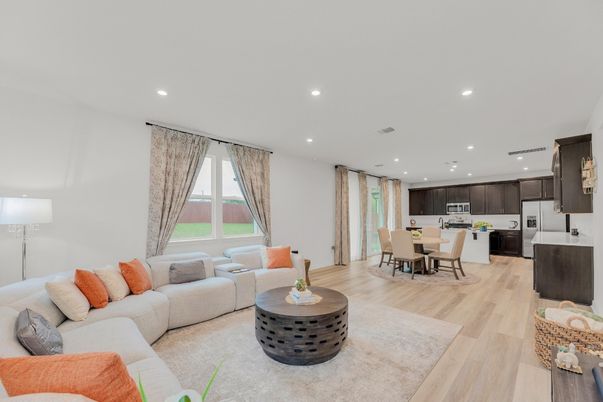 Dining room, Interior, Kitchen, Living room, Recessed Lighting, Stainless Steel Appliances, Wood Texture Flooring