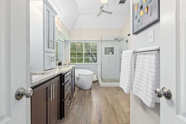 Bathroom, Free Standing Baths, Glass Shower, Interior, Wood Texture Flooring